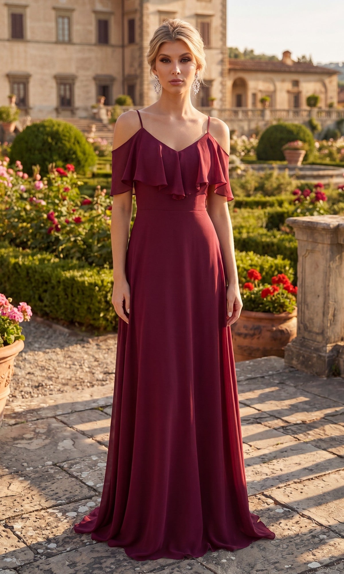 A woman in the burgundy Long Formal Dress: Chicas DM4004 stands in a formal garden with hedges, flowers, and a large stone building in the background.